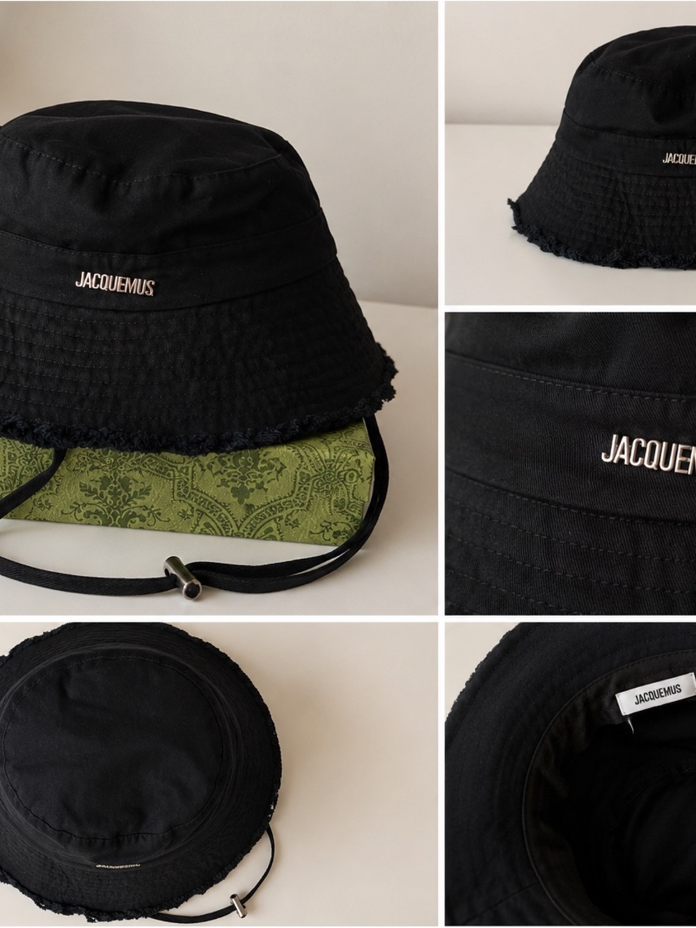 Jacquemus Black Frayed-Edge Bucket Hat with Chin Strap